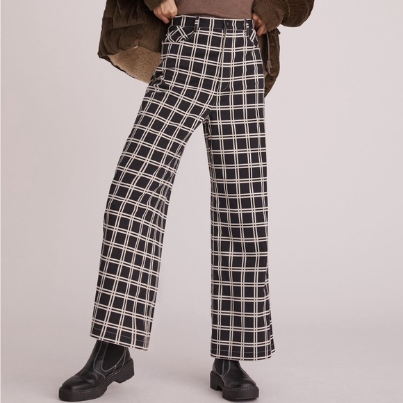 New Anna Sui x Anthropologie Windowpane 8 Med Black Ivory High-Rise Wide Leg USA - Picture 3 of 5